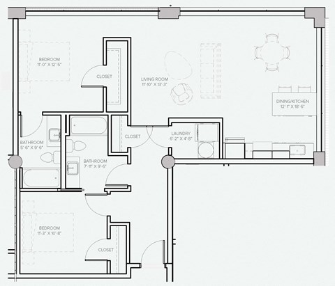 Floor plan for 2 beds, 2 baths, 991 sqft
